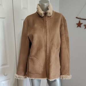 COLDWATER CREEK Coat Jacket Tan Faux Suede Faux Shearling Fur Vegan Sz L Sherpa